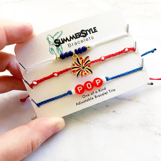 One of a Kind Patriotic Fireworks Adjustable Water Resistant Bracelet Set, Braided Bracelet, Americana Jewelry, SummerStyle Bracelets