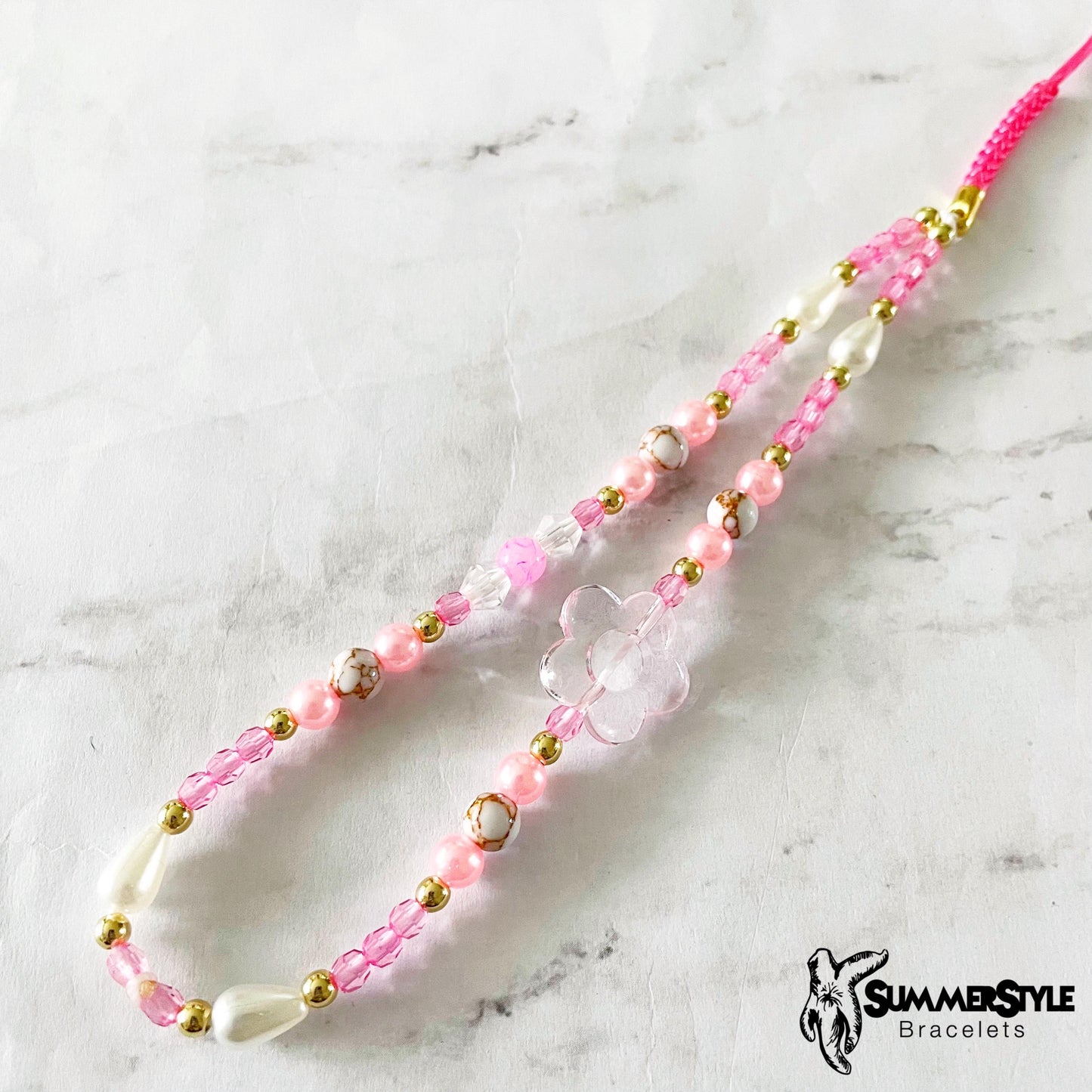 Pink Flower Power Beaded Phone Charm, Kawaii Phone Accessory, Phone Wristlet, SummerStyle Bracelets
