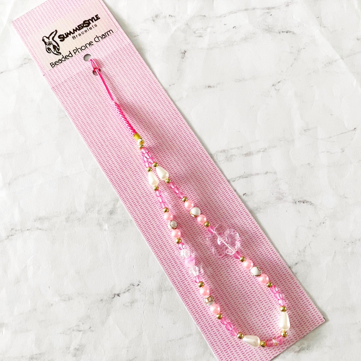 Pink Flower Power Beaded Phone Charm, Kawaii Phone Accessory, Phone Wristlet, SummerStyle Bracelets