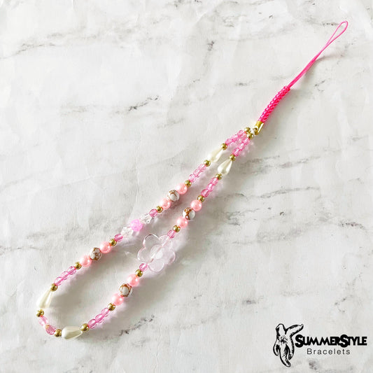 Pink Flower Power Beaded Phone Charm, Kawaii Phone Accessory, Phone Wristlet, SummerStyle Bracelets