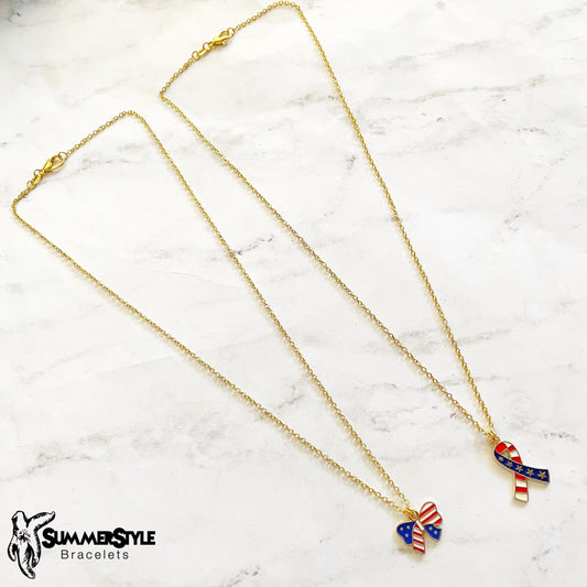 Americana Ribbon Charm Necklace, Patriotic Necklace, July 4th Jewelry, Gold Chain Necklace, SummerStyle Bracelets
