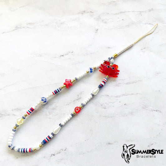 Beach Day Beaded Phone Charm, Nautical Red, White & Blue Wrist Strap, Coastal Summer Accessory, SummerStyle Bracelets