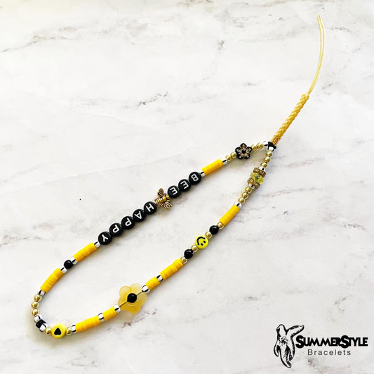 Bee Happy Beaded Phone Charm, Yellow & Black Wrist Strap, Positive Vibes Accessory, SummerStyle Bracelets