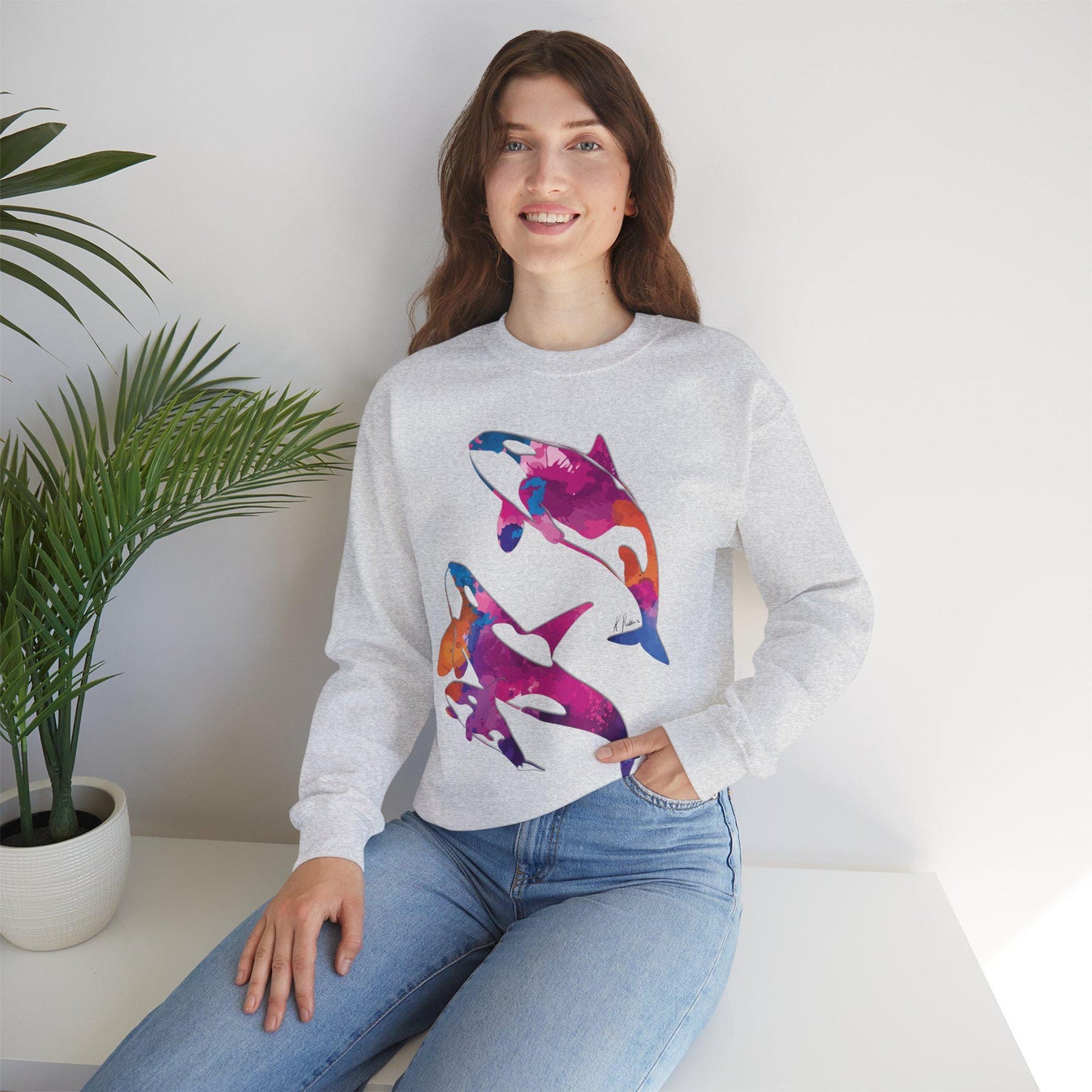 Watercolor Orca Unisex Heavy Blend Crewneck Sweatshirt, Orca Whale Sweatshirt, Cotton Crewneck, SummerStyle Bracelets