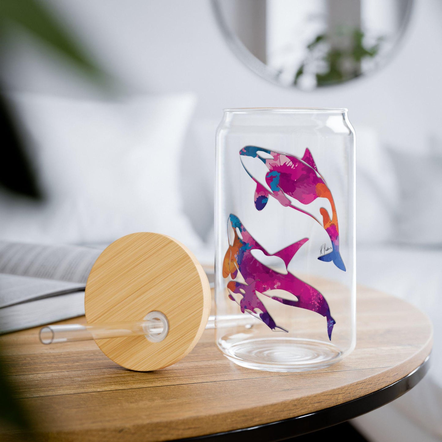 Watercolor Orca Sipper Glass, 16oz - Colorful Art Drinkware, Eco-Friendly Straw Sipper, Beach Party, Summer, Gift for Marine Life Lovers