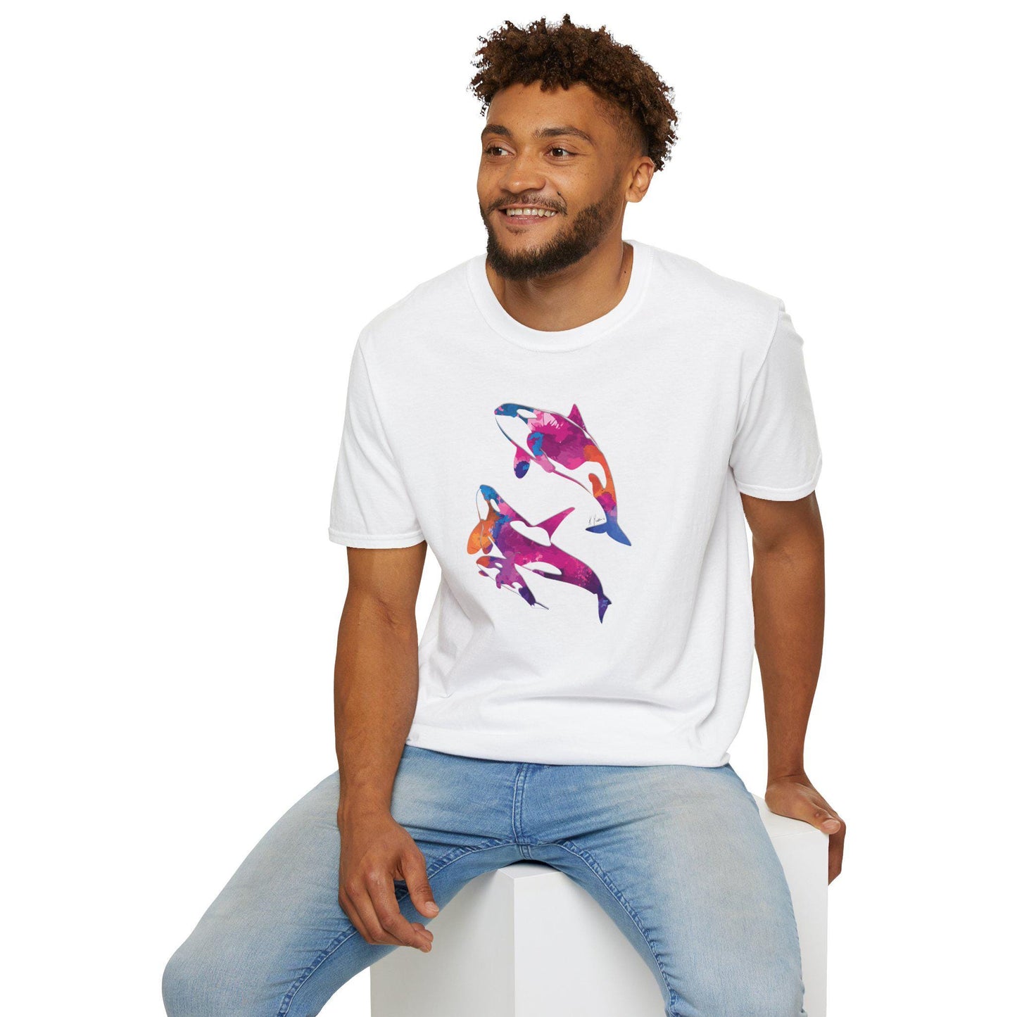 Watercolor Orca Unisex Softstyle T-Shirt, Beachwear, Gift for Ocean Lovers, Summer Fashion, Casual Tee, Nautical Art Print