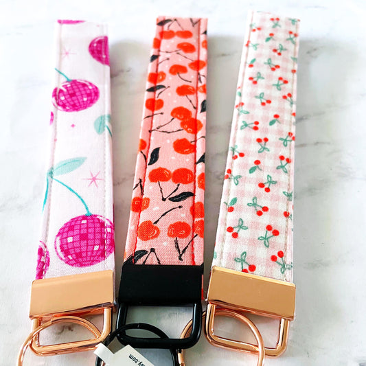 Charming Cherries Key Fob Wristlet, 6.5in Wristlet Lanyard, Keychain Wristlet, Handmade Lanyard, SummerStyle Bracelets
