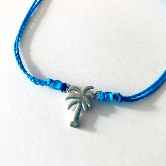 Palm Tree Custom Adjustable Waterproof Bracelet, Palm Tree Bracelet, Silver Palm Tree, Wax Cord Bracelet, Waterproof Cord