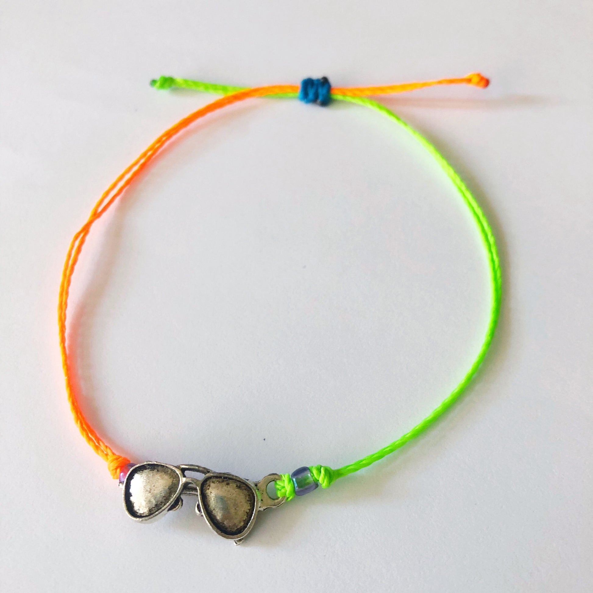 Neon 80s Adjustable Waterproof Bracelet Pack, Neon Bracelet, Sunglasses Charm, Wax Cord Bracelet, Waterproof Cord