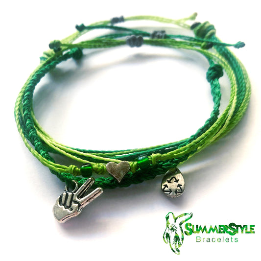 Peace, Love, Recycle Adjustable Waterproof Bracelet Pack, Go Green Bracelet, Recycling Gift, Wax Cord Bracelet, Waterproof Cord