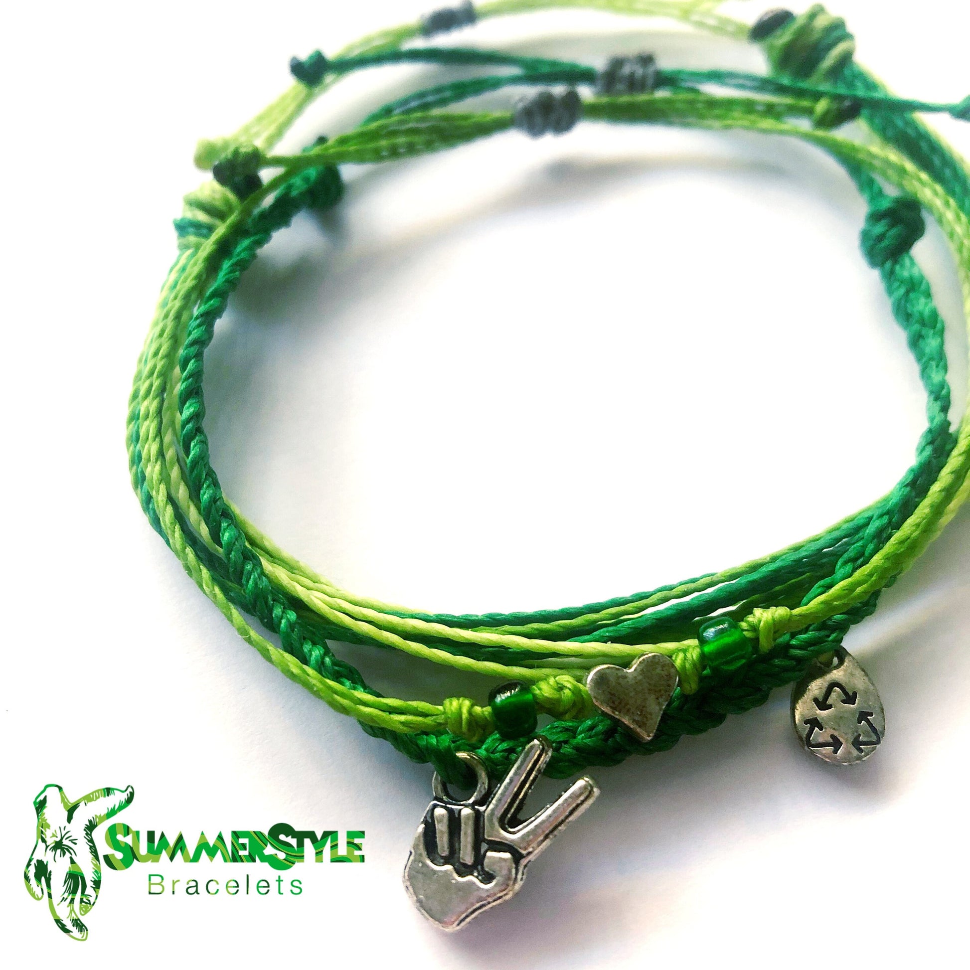 Peace, Love, Recycle Adjustable Waterproof Bracelet Pack, Go Green Bracelet, Recycling Gift, Wax Cord Bracelet, Waterproof Cord