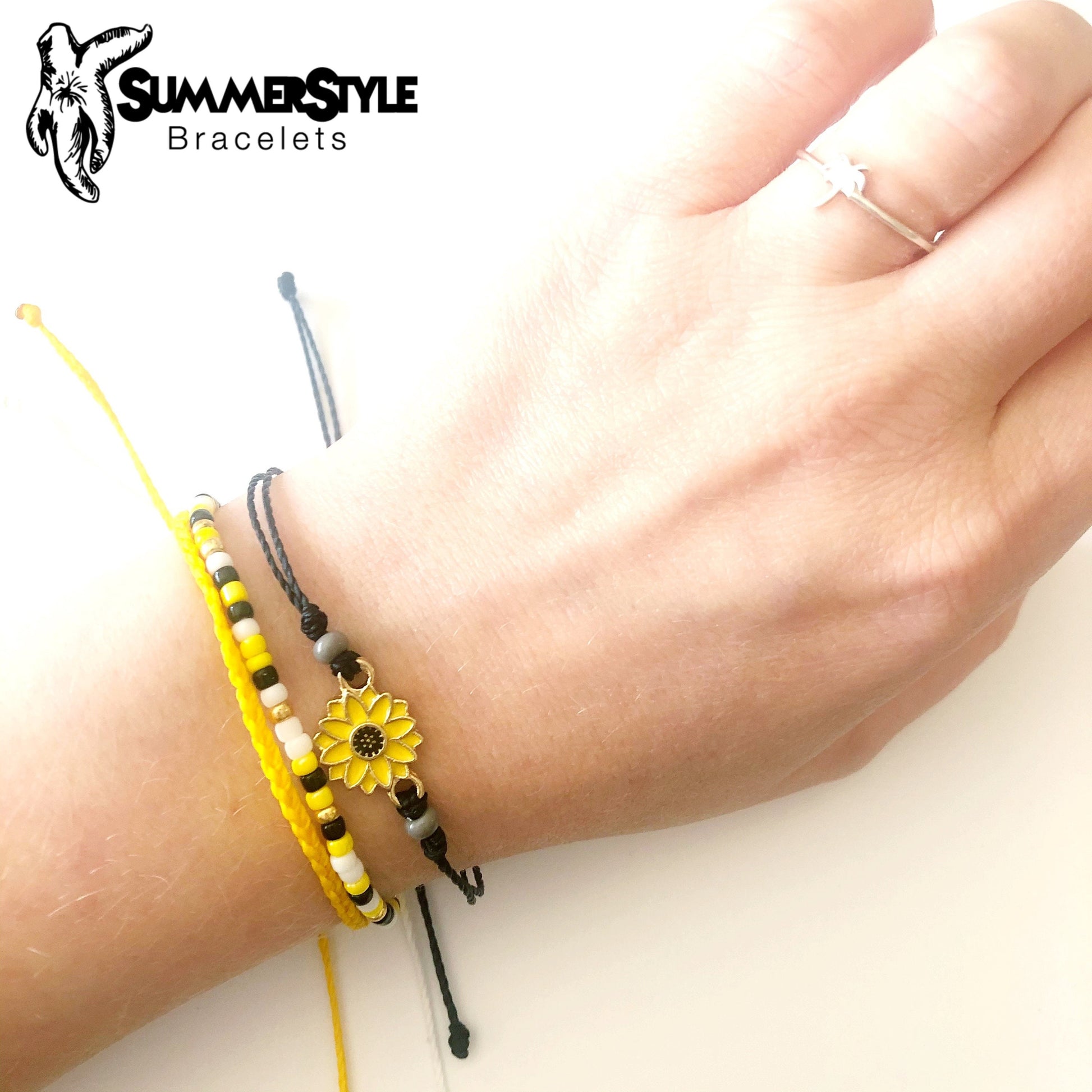 Sunny Sunflower Adjustable Waterproof Bracelet Pack, Sunflower Gift, Sunflower Bracelet, Wax Cord Bracelet, SummerStyle Bracelets