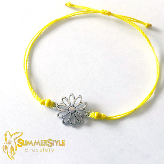 Silver Daisy Custom Adjustable Waterproof Bracelet, Daisy Bracelet, Daisy Jewelry, Wax Cord Bracelet, Waterproof Cord