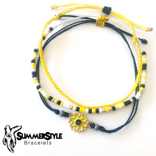 Sunny Sunflower Adjustable Waterproof Bracelet Pack, Sunflower Gift, Sunflower Bracelet, Wax Cord Bracelet, SummerStyle Bracelets