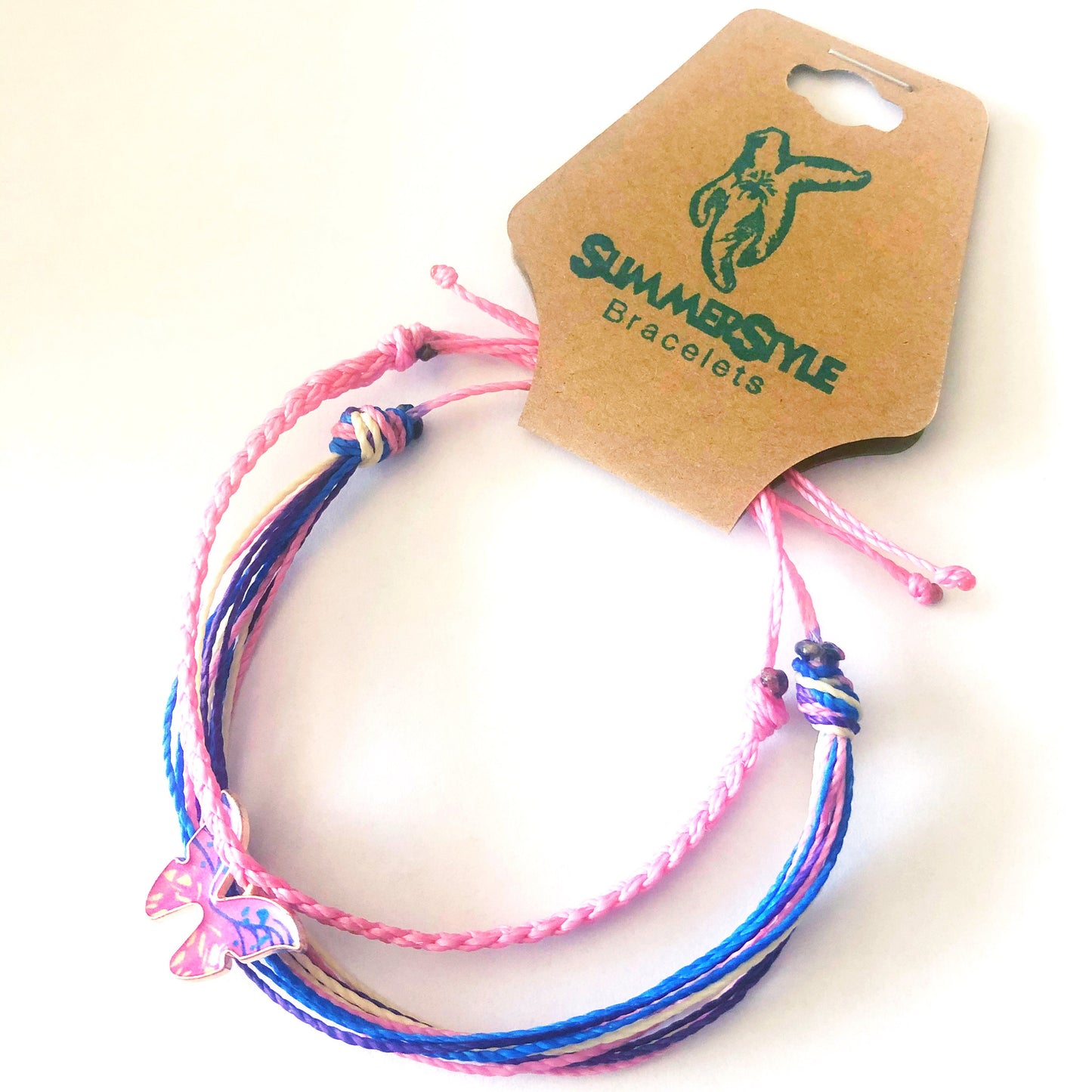Pink Rainbow Butterfly Adjustable Waterproof Bracelet Pack, Butterfly Gift, Butterfly Bracelet, Wax Cord Bracelet