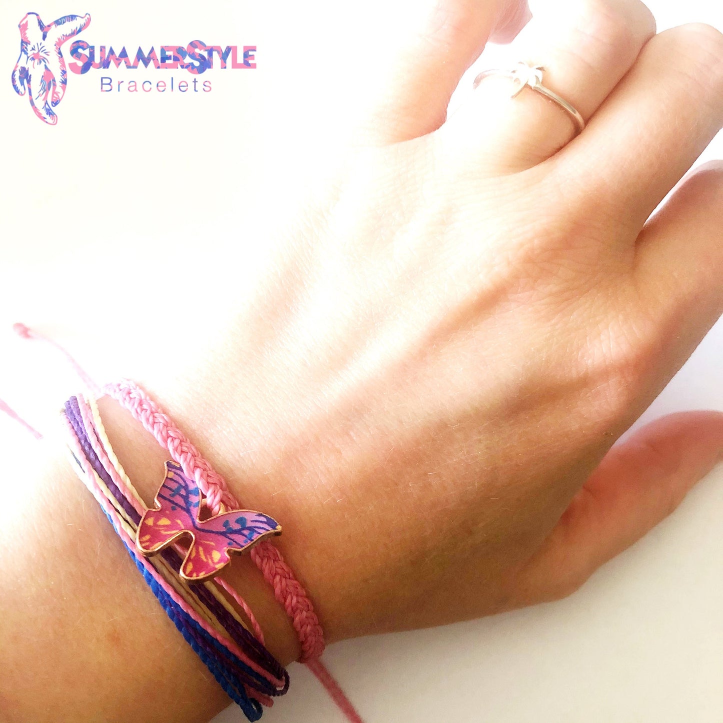 Pink Rainbow Butterfly Adjustable Waterproof Bracelet Pack | Butterfly Gift | Butterfly Bracelet | Wax Cord Bracelet