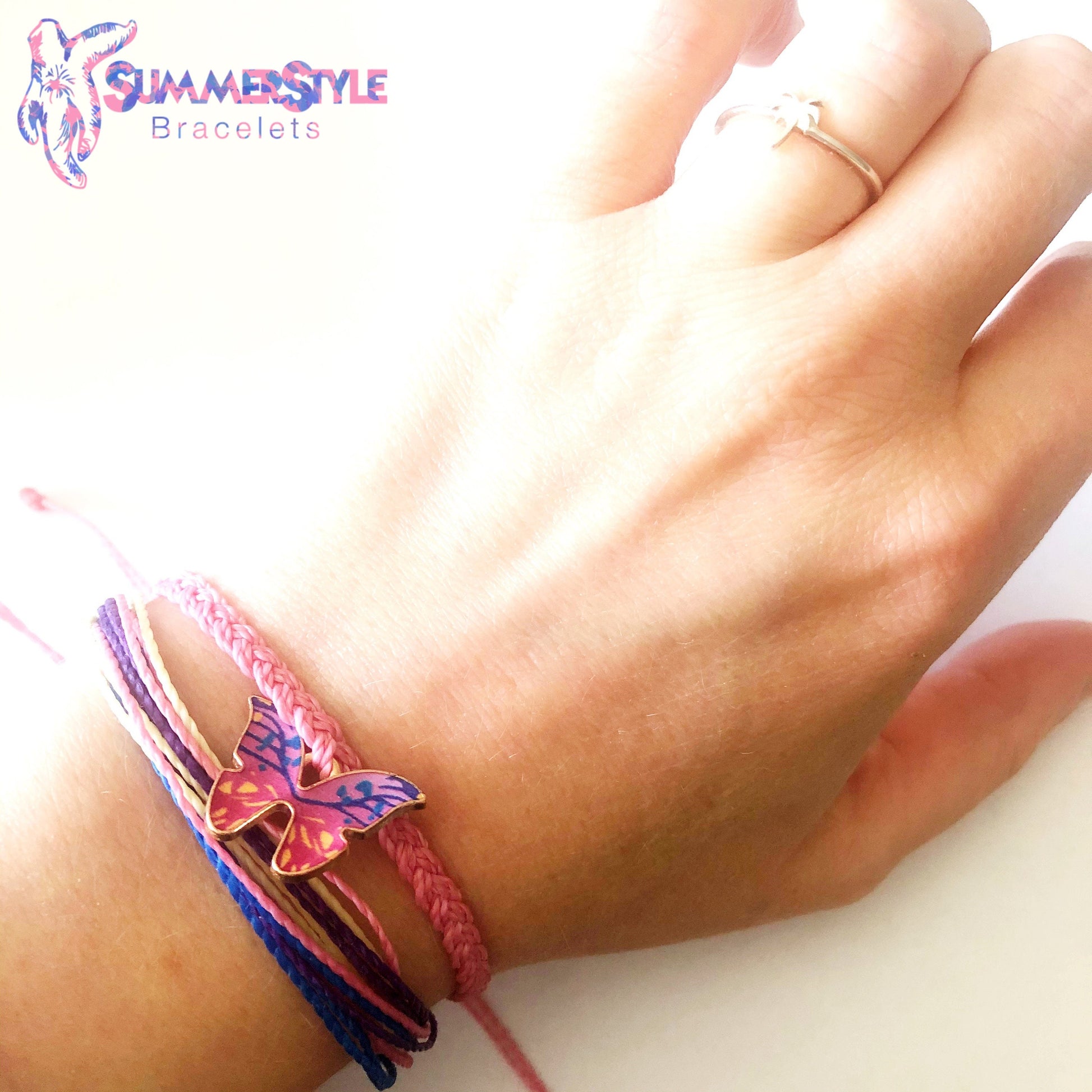Pink Rainbow Butterfly Adjustable Waterproof Bracelet Pack, Butterfly Gift, Butterfly Bracelet, Wax Cord Bracelet