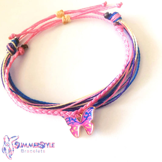 Pink Rainbow Butterfly Adjustable Waterproof Bracelet Pack | Butterfly Gift | Butterfly Bracelet | Wax Cord Bracelet