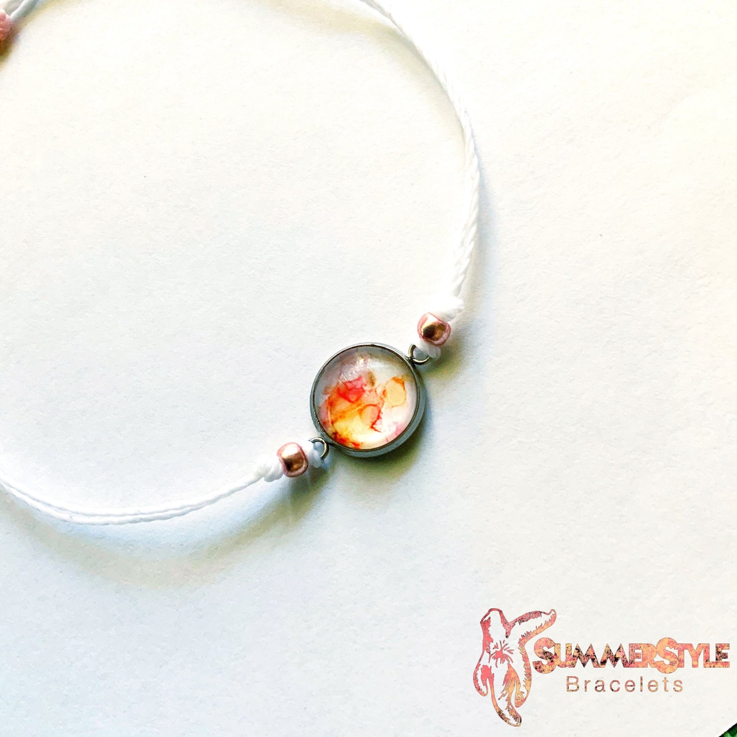 Rose Gold Watercolor Adjustable Waterproof Bracelet, Rose Gold Bracelet, Rose Gold Jewelry, Watercolor Cabochon, Wax Cord Bracelet