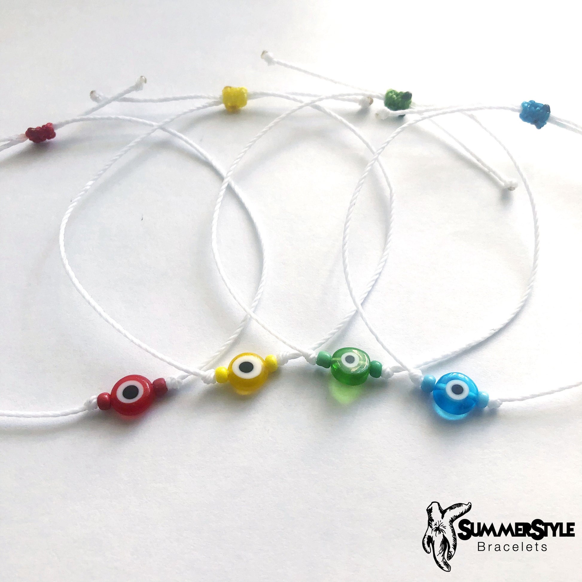 White Skinny Evil Eye Adjustable Waterproof Bracelet, Evil Eye Bracelet, Evil Eye Jewelry, Wax Cord Bracelet