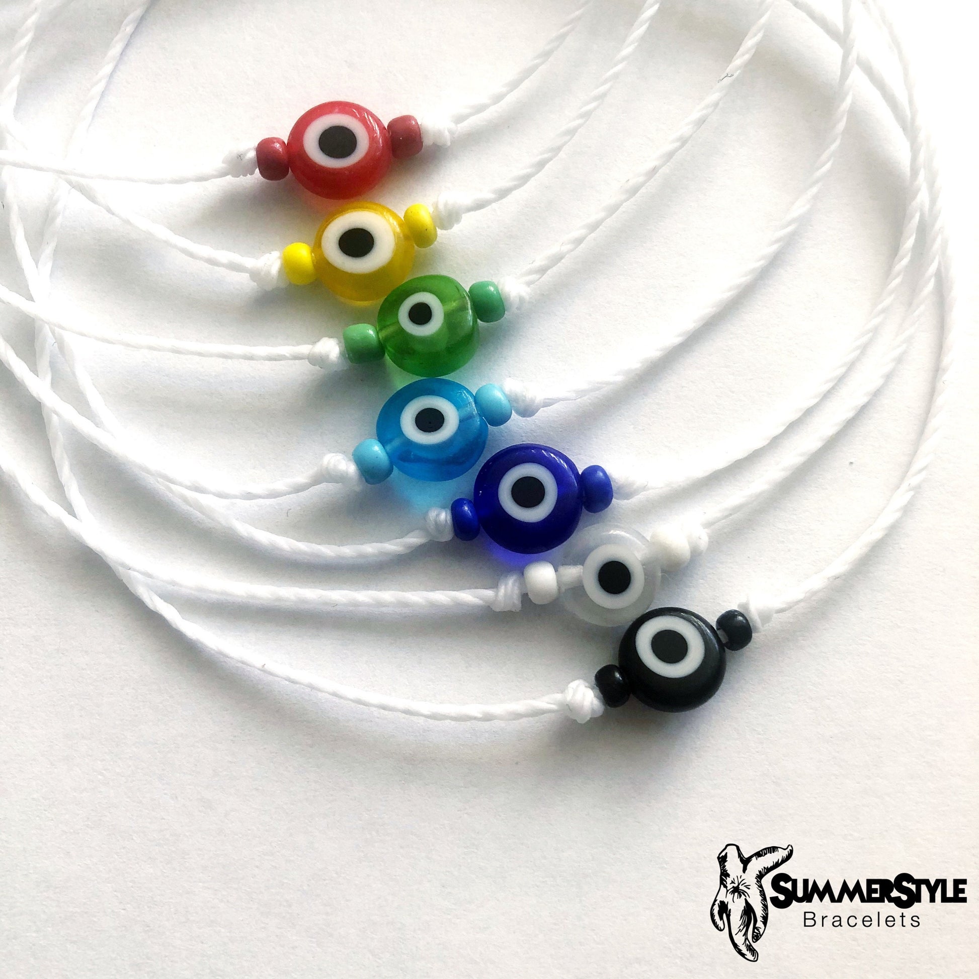 White Skinny Evil Eye Adjustable Waterproof Bracelet, Evil Eye Bracelet, Evil Eye Jewelry, Wax Cord Bracelet