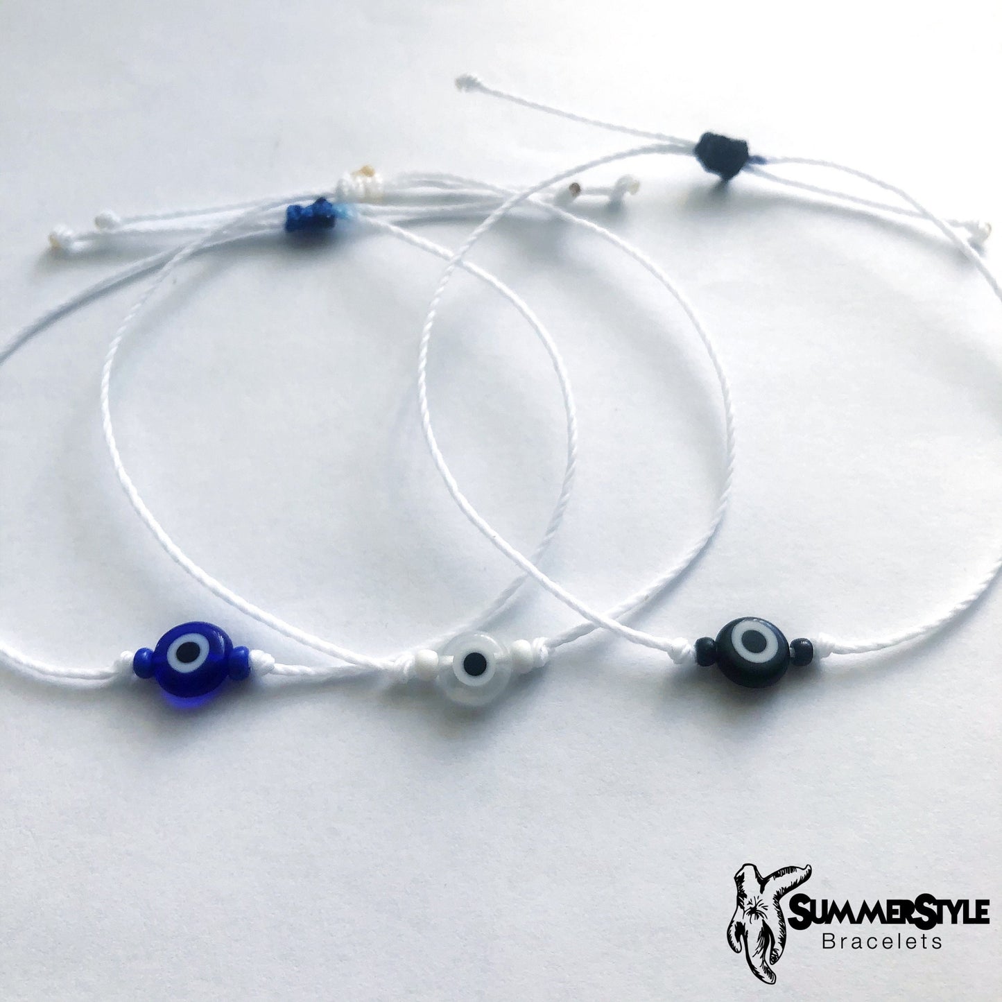 White Skinny Evil Eye Adjustable Waterproof Bracelet, Evil Eye Bracelet, Evil Eye Jewelry, Wax Cord Bracelet