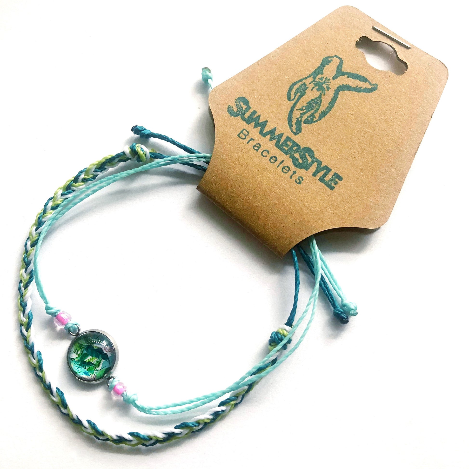 Teal Tropics Adjustable Waterproof Bracelet Pack, Cabochon Bracelet, Braided Bracelet, Tropical Bracelet, Wax Cord Bracelet