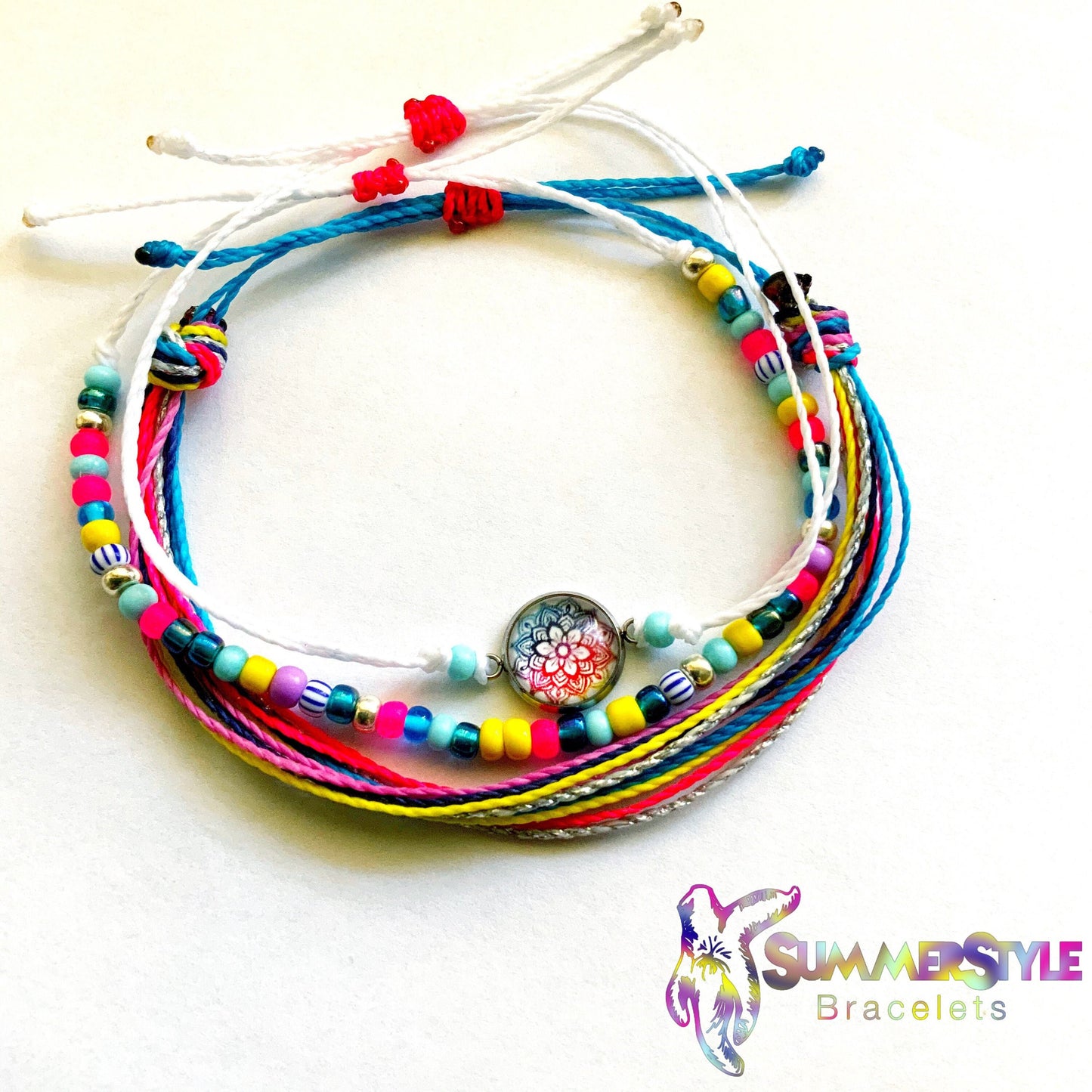 Rainbow Mandala Adjustable Waterproof Bracelet Pack, Mandala Gift, Mandala Bracelet, Cabochon Bracelet, Wax Cord Bracelet