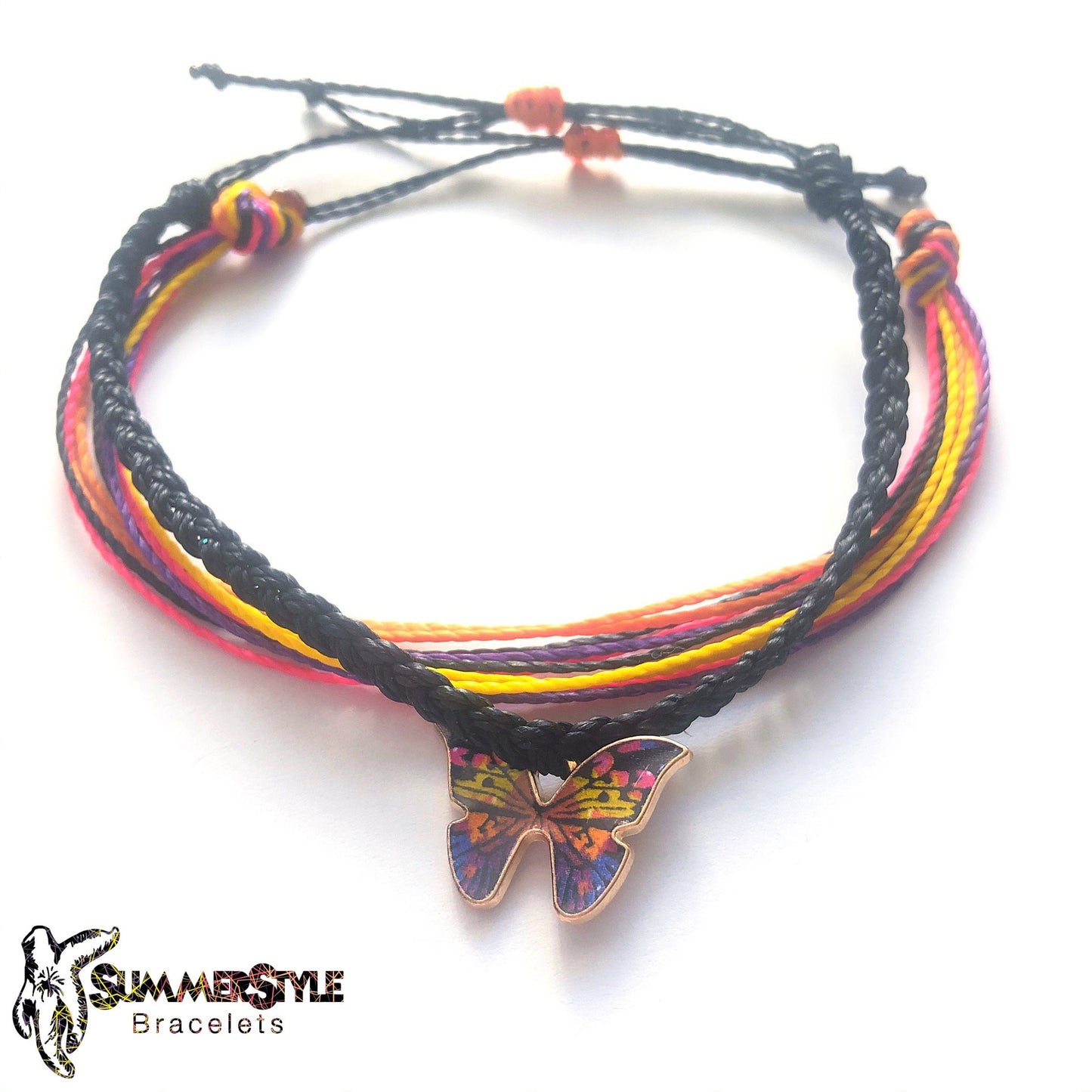 Rainbow Butterfly Adjustable Waterproof Bracelet Pack, Butterfly Gift, Butterfly Bracelet, Wax Cord Bracelet