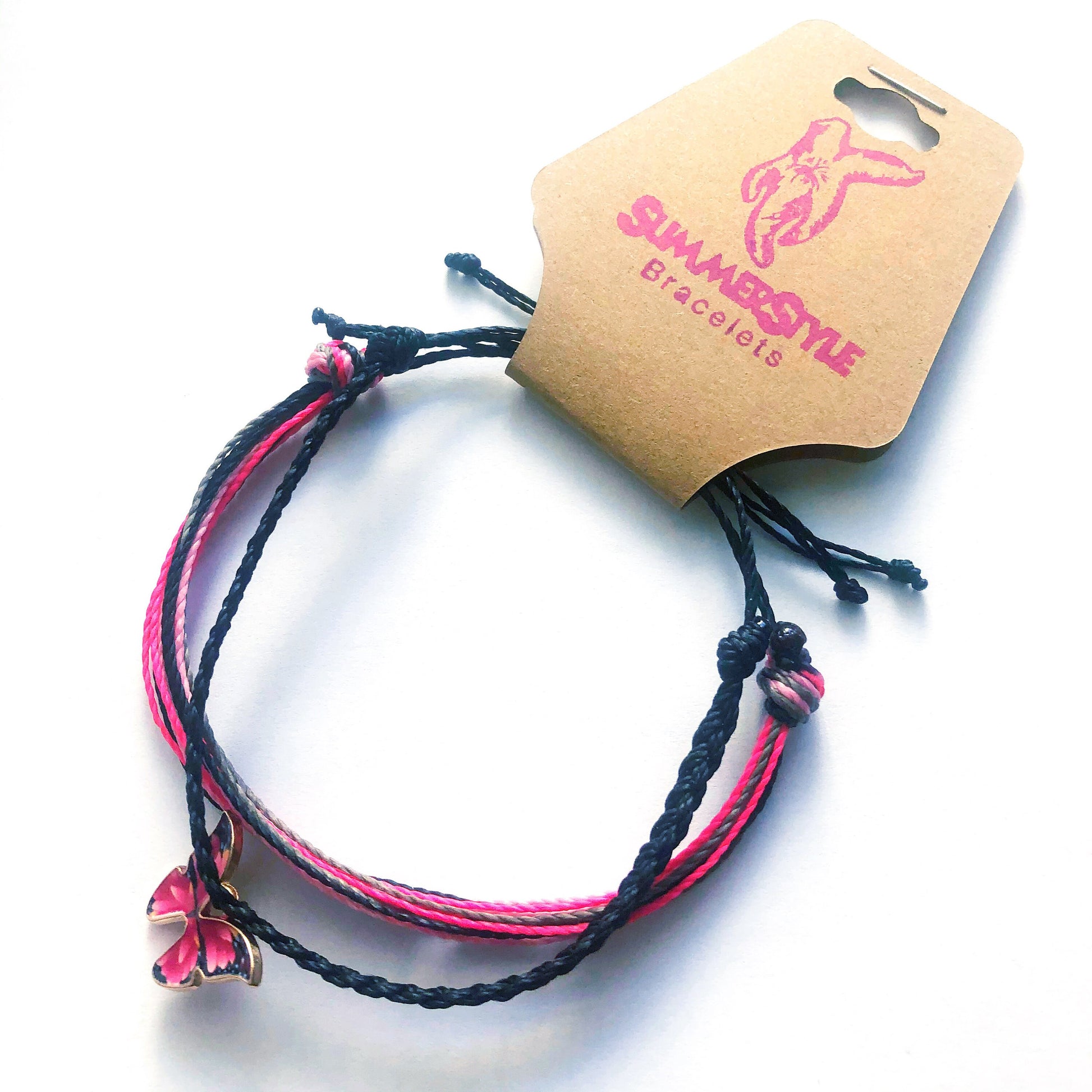 Pink Butterfly Adjustable Waterproof Bracelet Pack | Butterfly Gift | Butterfly Bracelet | Wax Cord Bracelet