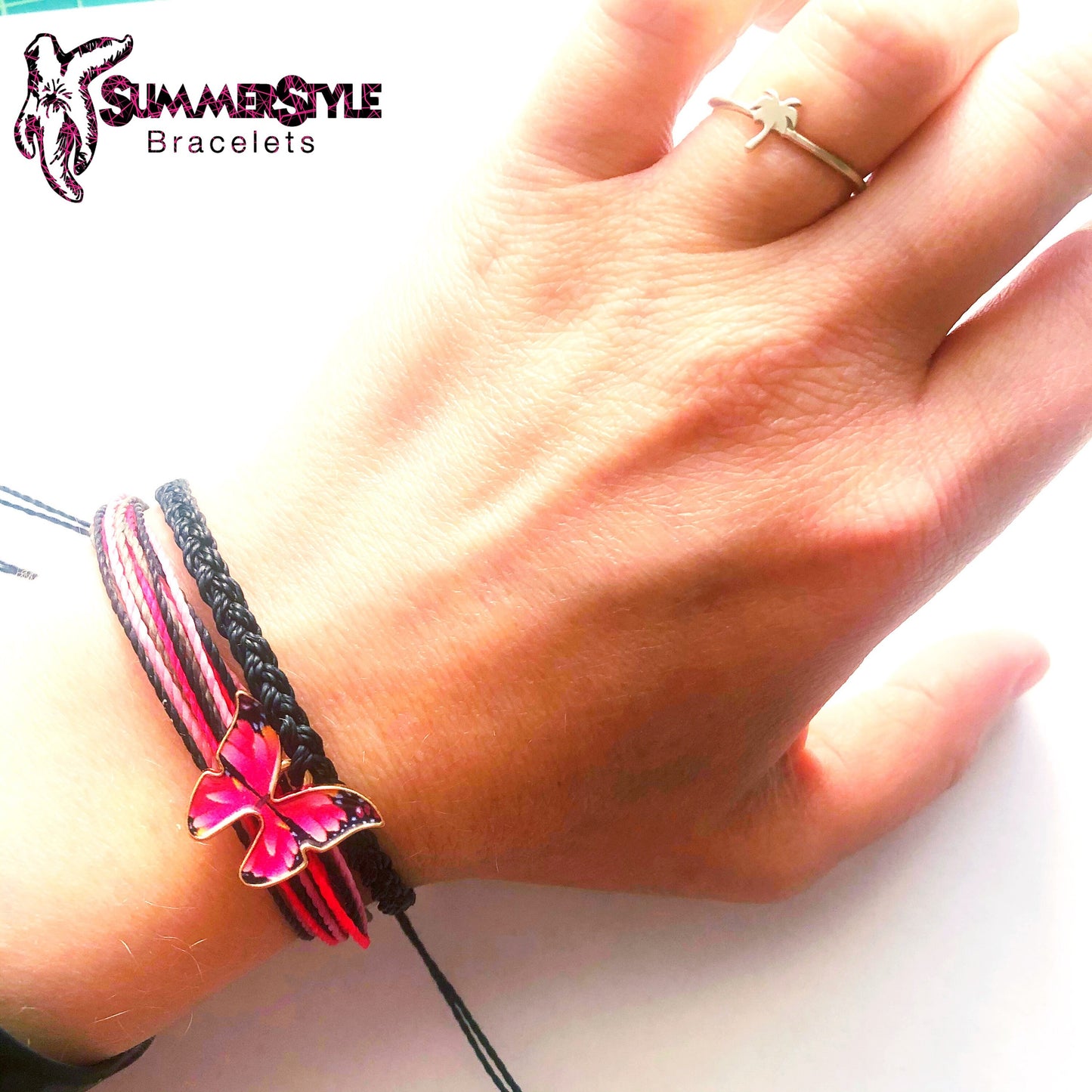 Pink Butterfly Adjustable Waterproof Bracelet Pack | Butterfly Gift | Butterfly Bracelet | Wax Cord Bracelet