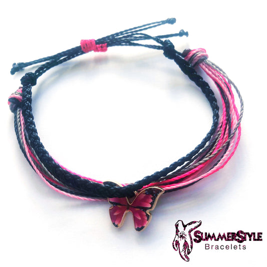 Pink Butterfly Adjustable Waterproof Bracelet Pack, Butterfly Gift, Butterfly Bracelet, Wax Cord Bracelet