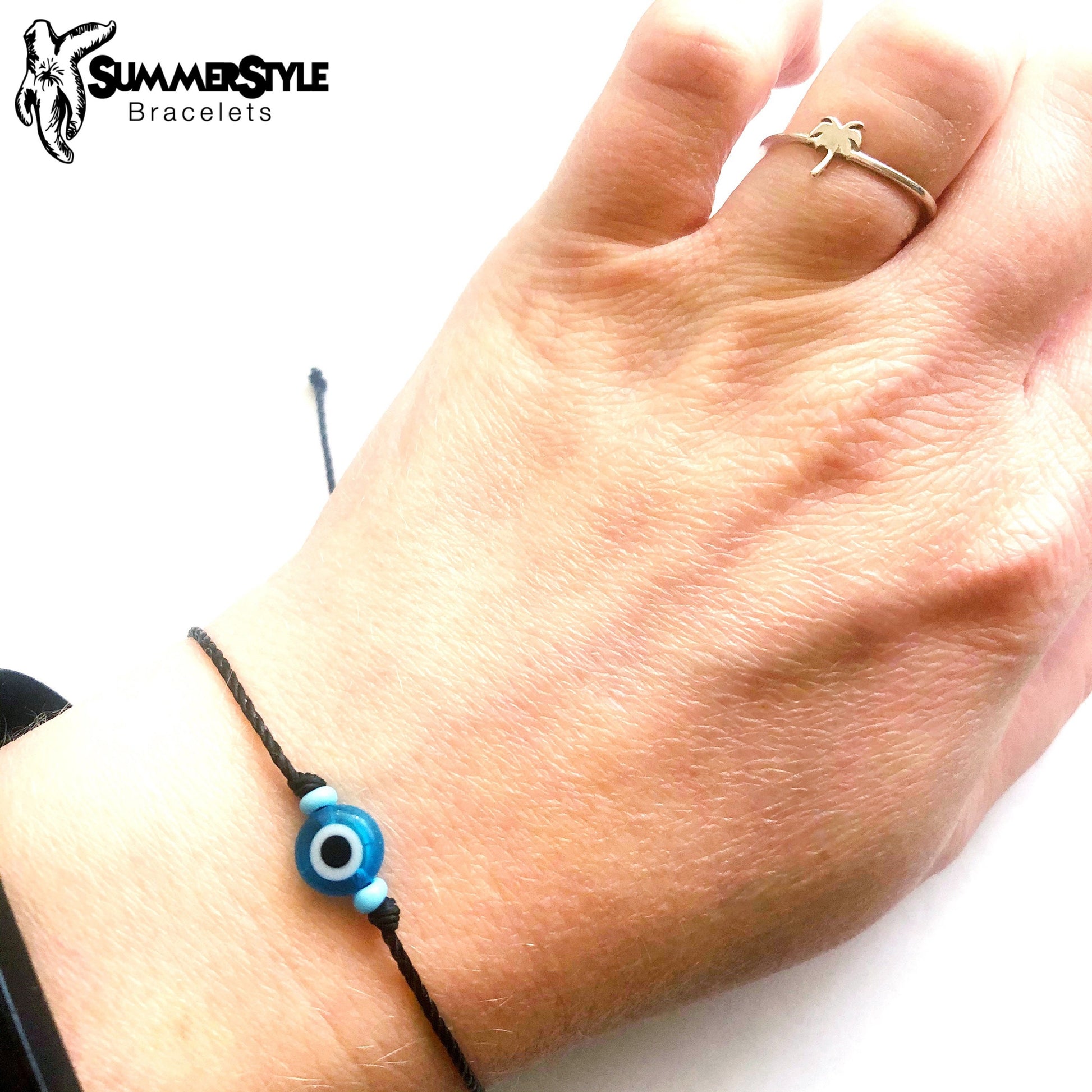 Black Skinny Evil Eye Adjustable Waterproof Bracelet, Evil Eye Bracelet, Evil Eye Jewelry, Wax Cord Bracelet