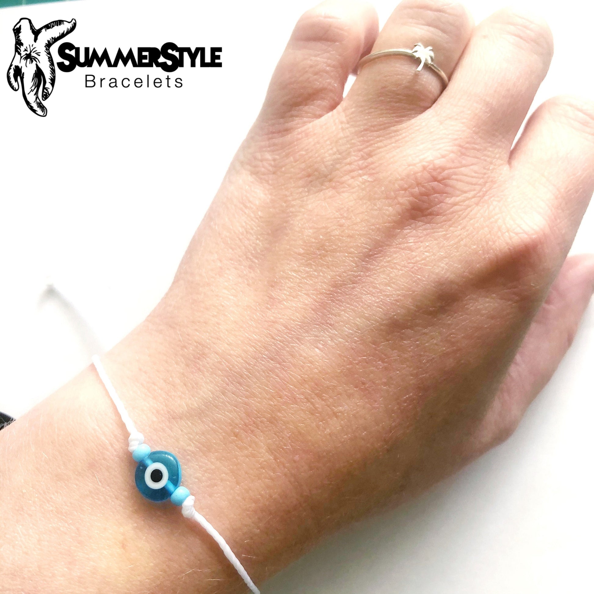 White Skinny Evil Eye Adjustable Waterproof Bracelet, Evil Eye Bracelet, Evil Eye Jewelry, Wax Cord Bracelet