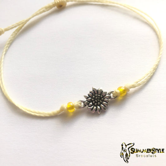 Silver Sunflower Custom Adjustable Waterproof Bracelet, Sunflower Bracelet, Sunflower Jewelry, Wax Cord Bracelet, SummerStyle Bracelets