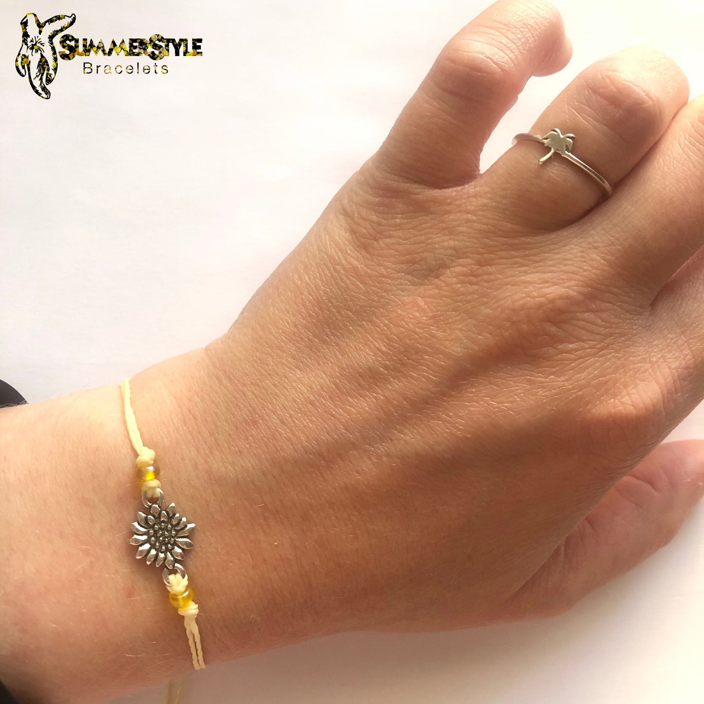 Silver Sunflower Custom Adjustable Waterproof Bracelet, Sunflower Bracelet, Sunflower Jewelry, Wax Cord Bracelet, SummerStyle Bracelets