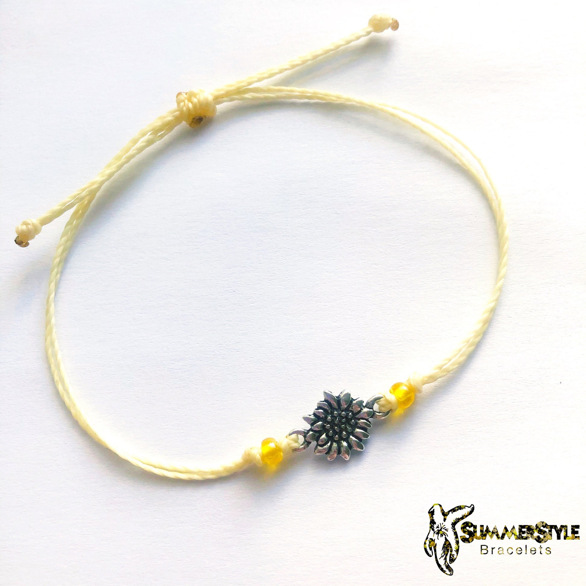 Silver Sunflower Custom Adjustable Waterproof Bracelet, Sunflower Bracelet, Sunflower Jewelry, Wax Cord Bracelet, SummerStyle Bracelets