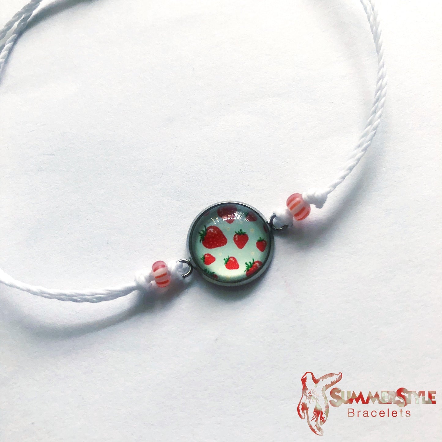 Sweet Strawberry Adjustable Waterproof Bracelet, Strawberry Bracelet, Cabochon Jewelry, Wax Cord Bracelet, SummerStyle Bracelets