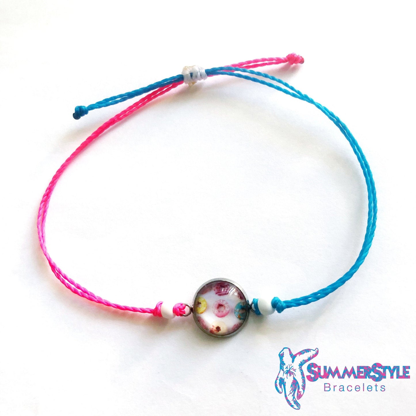 Neon Donut Adjustable Waterproof Bracelet, Donut Bracelet, Cabochon Jewelry, Wax Cord Bracelet, SummerStyle Bracelets