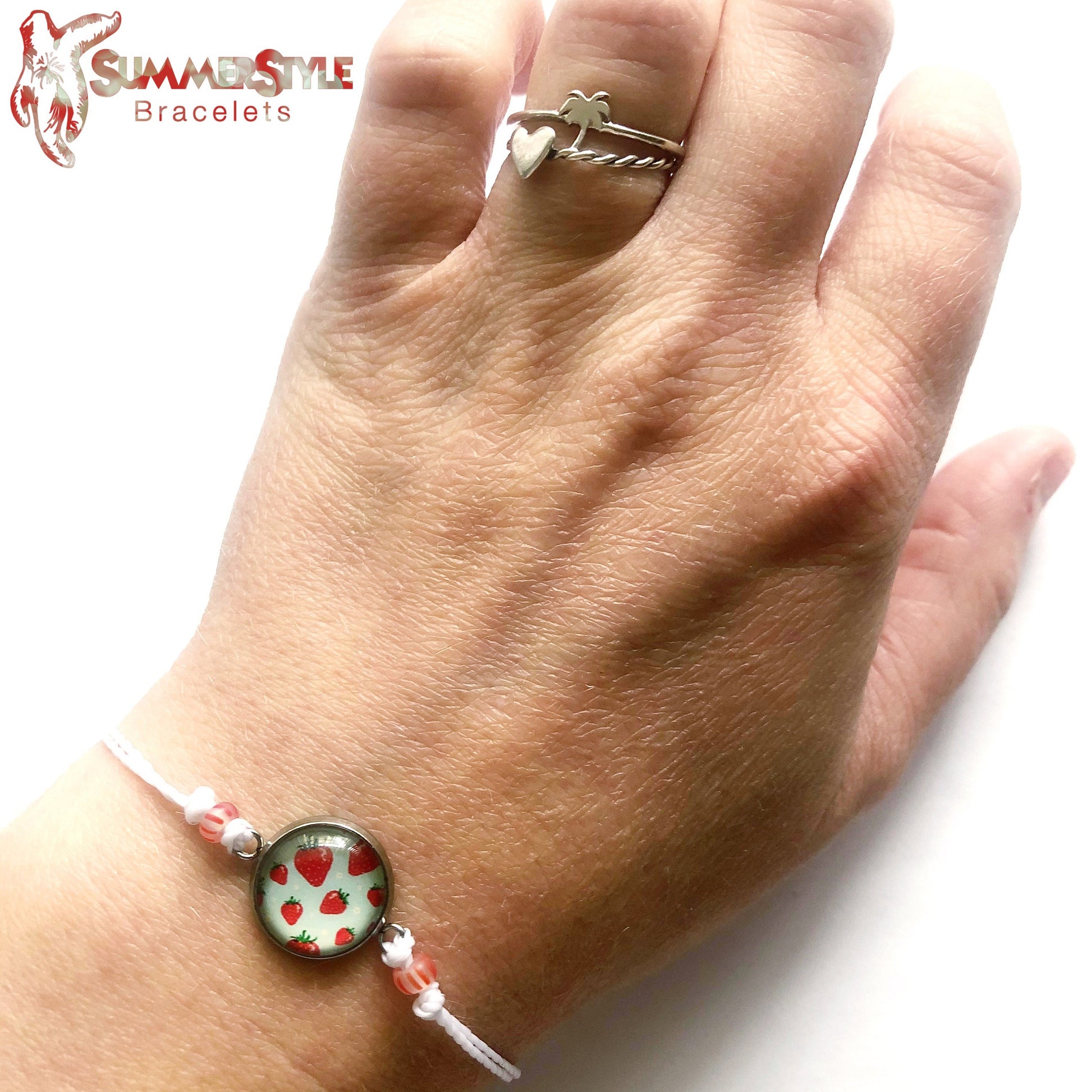 Sweet Strawberry Adjustable Waterproof Bracelet, Strawberry Bracelet, Cabochon Jewelry, Wax Cord Bracelet, SummerStyle Bracelets