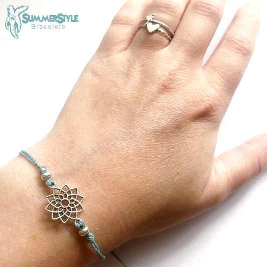 Silver Mandala Custom Adjustable Waterproof Bracelet, Mandala Bracelet, Mandala Gift, Wax Cord Bracelet, SummerStyle Bracelets