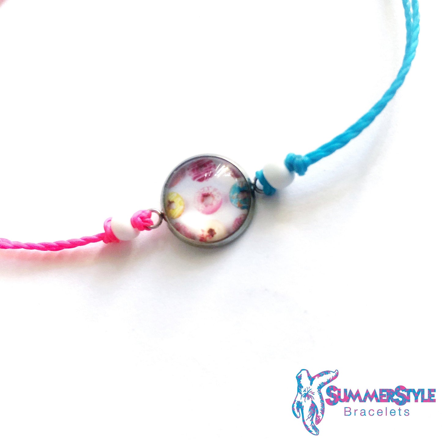 Neon Donut Adjustable Waterproof Bracelet, Donut Bracelet, Cabochon Jewelry, Wax Cord Bracelet, SummerStyle Bracelets