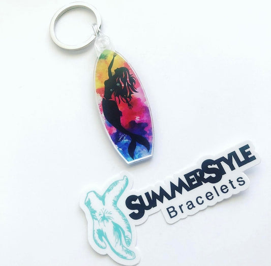 Mermaid Surfboard Acrylic Keychain, Mermaid Keychain, Backpack Keychain, Surfboard Keychain, SummerStyle Bracelets