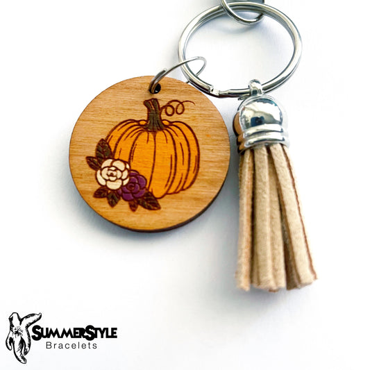 Pretty Pumpkin Wooden Keychain, Fall Gift, Backpack Keychain, Tassel Keychain, SummerStyle Bracelets
