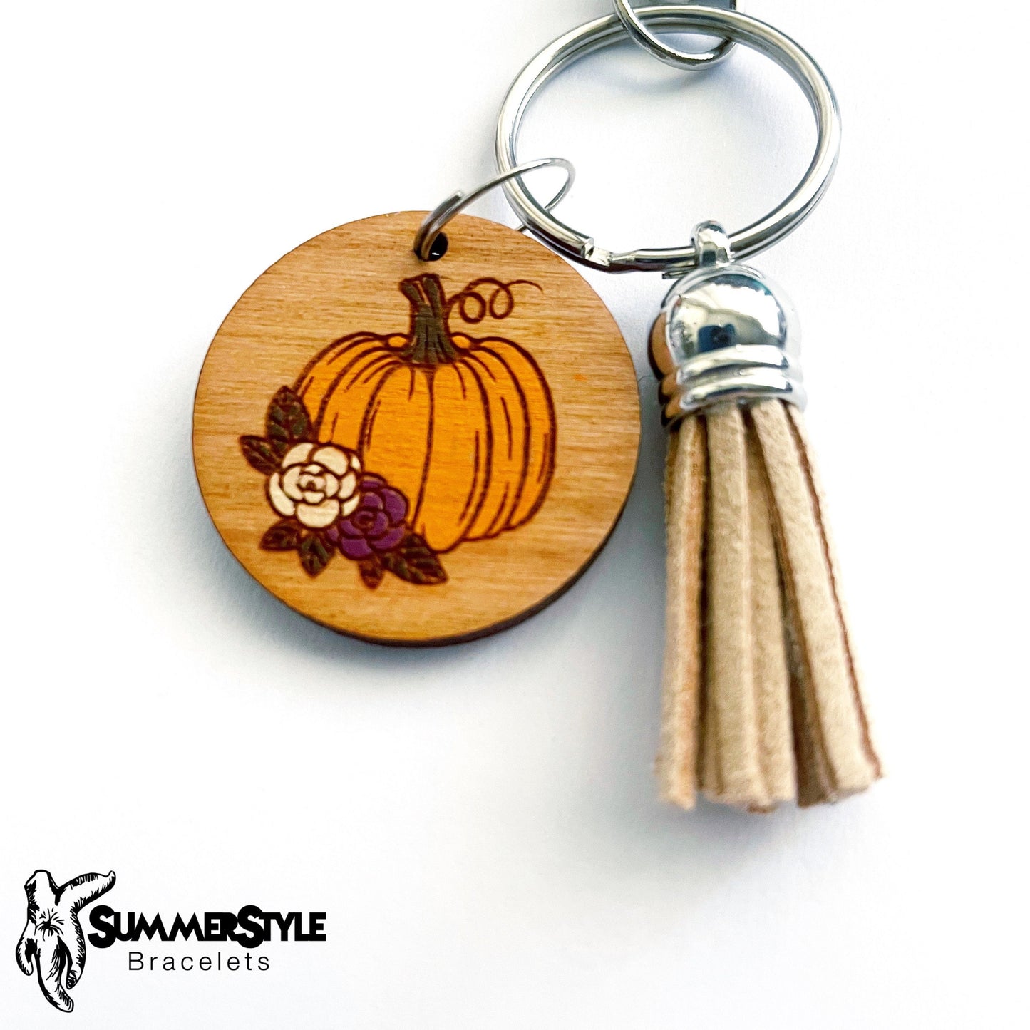 Pretty Pumpkin Wooden Keychain, Fall Gift, Backpack Keychain, Tassel Keychain, SummerStyle Bracelets