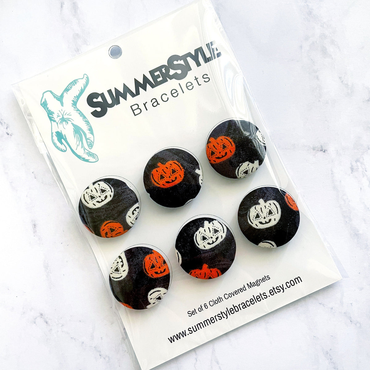 HALLOWEEN Set of 6 Pumpkin Magnets, Cloth Button Magnet, Halloween Decor, SummerStyle Bracelets