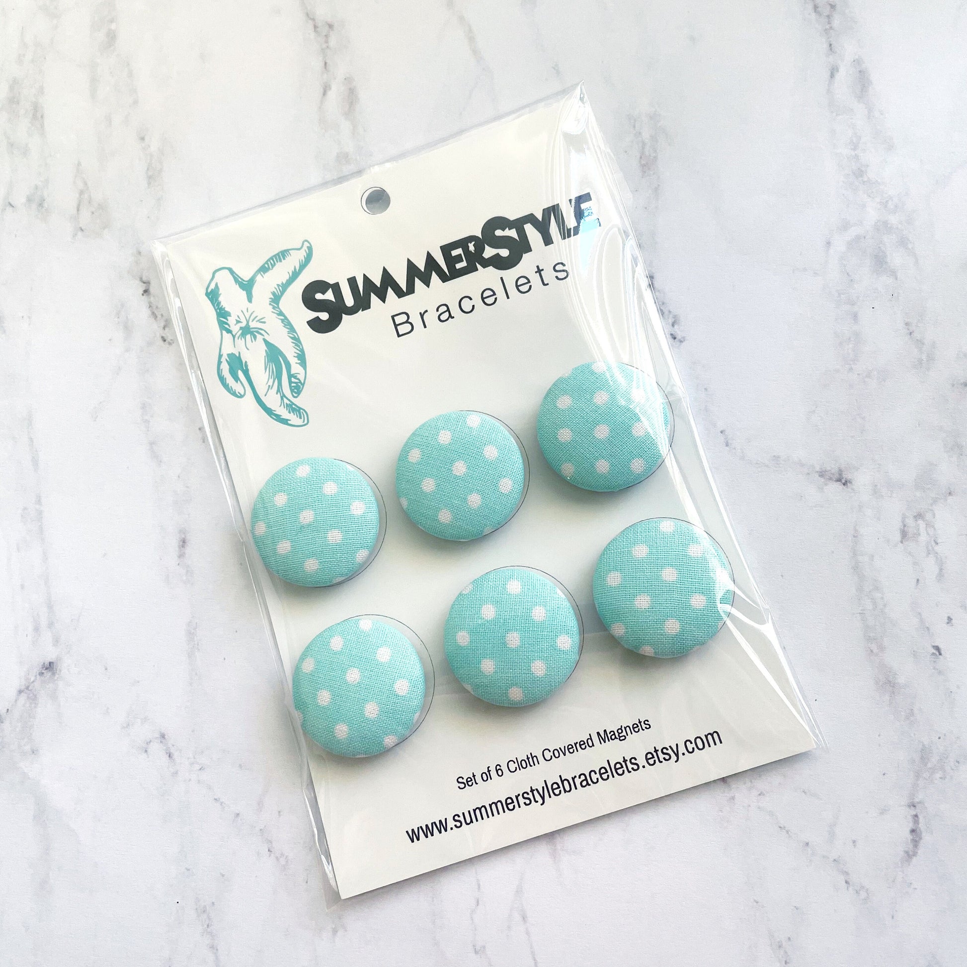 Set of 6 Aqua Polka Dot Magnets, Cloth Button Magnet, Vintage Kitchen Decor, SummerStyle Bracelets