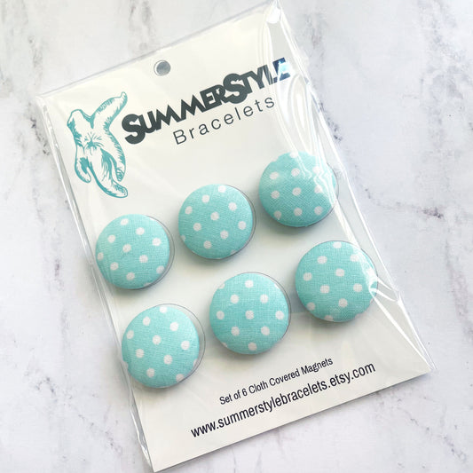 Set of 6 Aqua Polka Dot Magnets, Cloth Button Magnet, Vintage Kitchen Decor, SummerStyle Bracelets