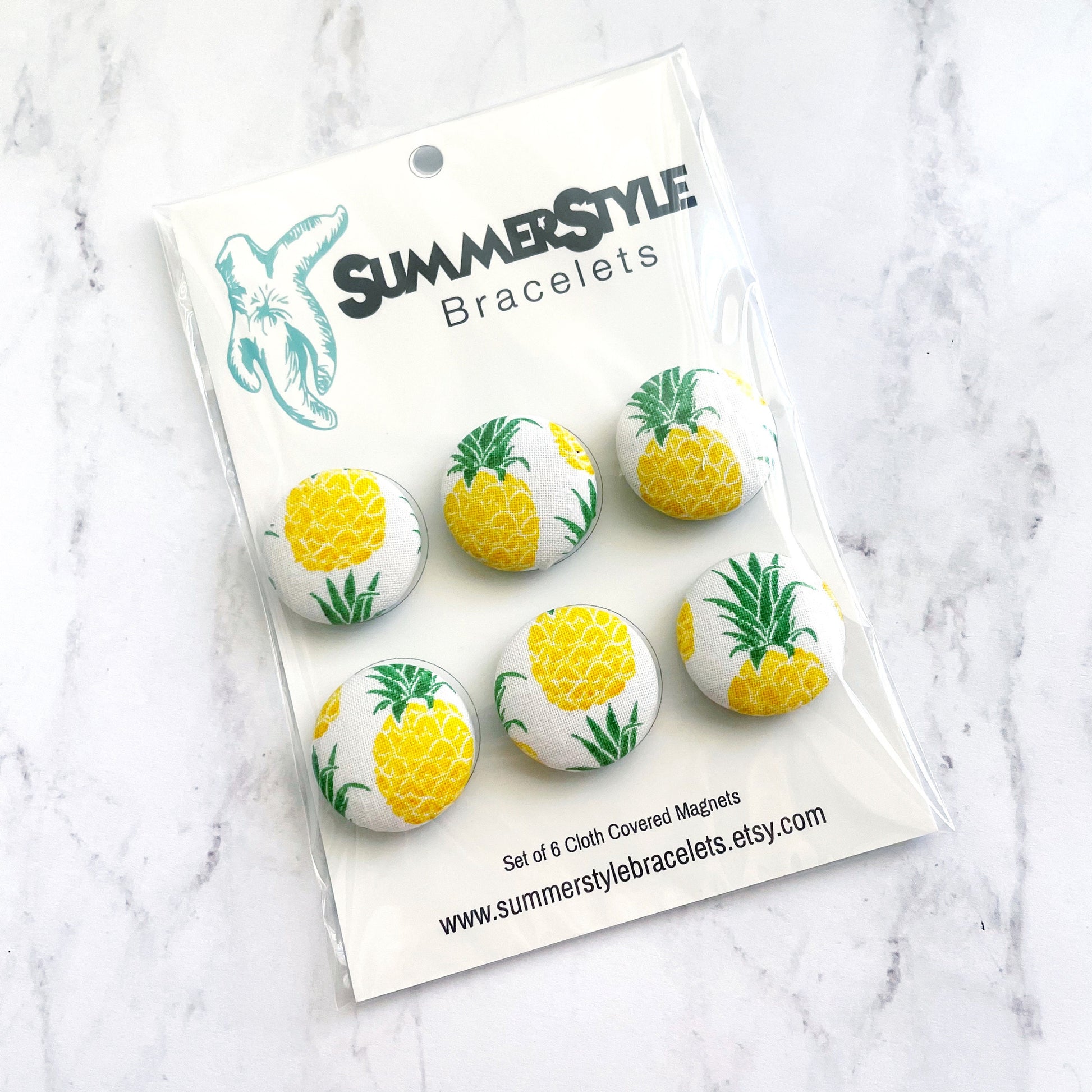 Set of 6 Pineapple Magnets, Cloth Button Magnet, Kitchen Decor, SummerStyle Bracelets