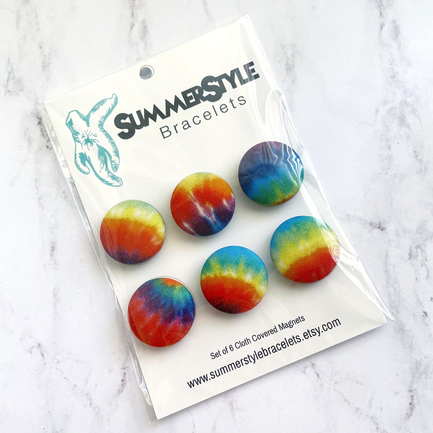 Set of 6 Rainbow Tie Dye Magnets, Cloth Button Magnet, Kitchen Decor, SummerStyle Bracelets